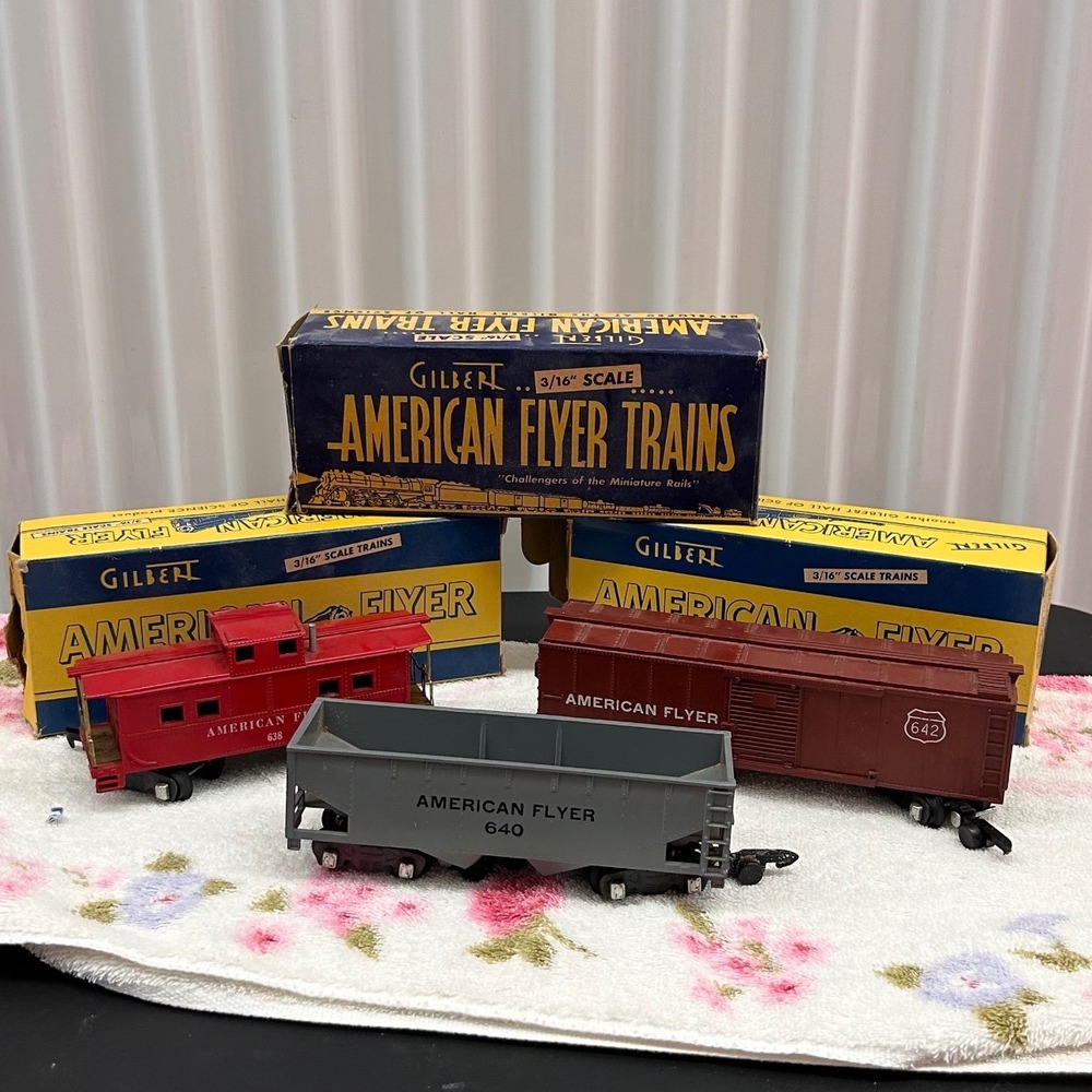 Vintage American Flyer S Scale Train Car Lot 638 640 642 AC Gilbert w Boxes